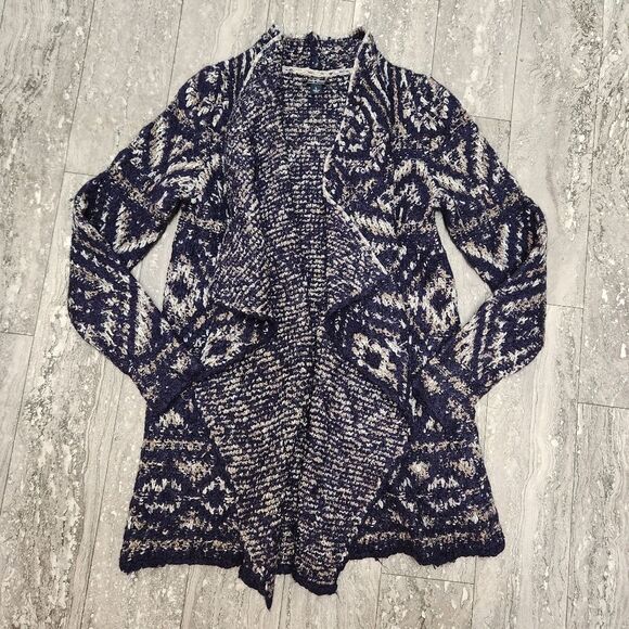 🇬🇪🔹️Lucky Blue Intarsia Chunky Knit Open Cascading Cardigan Sweater Large - Picture 4 of 12